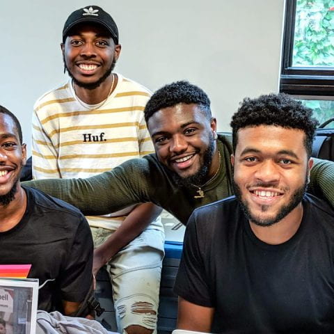 Members of the Black Entrepreneurs in Training program – from left, co-founder Ansumana Bangura ’20, Trey Burrell ’21, Rainer Sainvil ’21, and co-founder Jehron Petty ’20 – are pictured at the Entrepreneurship at Cornell Kickoff in September.