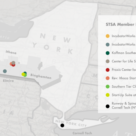 Map of the Southern Tier Startup Alliance based in New York State. Colorful dots signify the location of each Startup location.