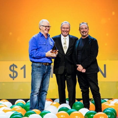 Lachlan Campbell, left, CEO and co-founder of ProAgni, is pictured with New York State Department of Agriculture and Markets commissioner Richard Ball and ProAgni commercial director Warren Lee after the Lavington, Australia startup won the Grow-NY competition and the $1 million top prize.