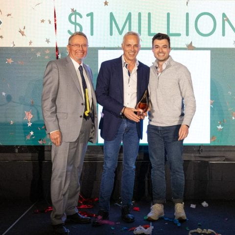 Richard Ball, left, commissioner of the New York State Department of Agriculture and Markets, is pictured with Hypercell Technologies co-founders Bruno and Sam Jactel after the Peachtree Corners, Georgia, startup won the 2023 Grow-NY competition and the $1 million grand prize.
