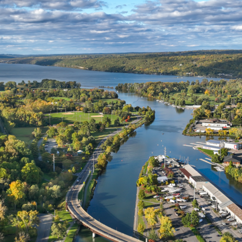 Early afternoon autumn aerial photo view of Ithaca New York.