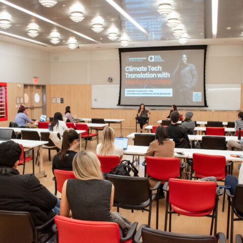 Madison Savilow, Chief of Staff at Carbon Upcycling, sitting down with Andrea Ippolito ’06, M.Eng. ’07, Director of W.E. Cornell and founder of SimpliFed, speaking to audience.