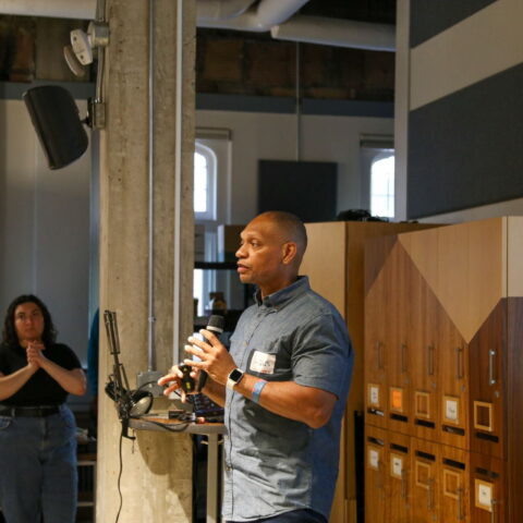 Photo: Jacques Stroud, a Prototyping Hardware Accelerator alum, pitches his idea for a wearable device that alerts users when they suffer from a mentally distressful episode.