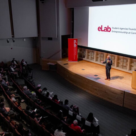Ken Rother, managing director of eLab and lecturer at the Cornell SC Johnson College of Business, speaking to audience at Demo Day.