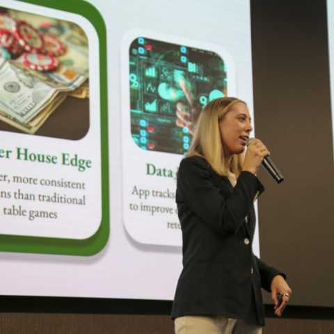 Woman pitching at Autodesk Gallery