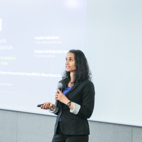 Swathi Iyer pitches her startup at the 2026 Life Sciences Technology Innovation Fellows Program Showcase.