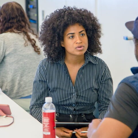 Photo: participants in the GEM Fellows regional I-Corps course practice their customer discovery interview skills.